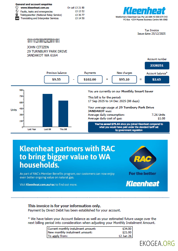 Australia Kleenheat utility bill template in Word and PDF formats